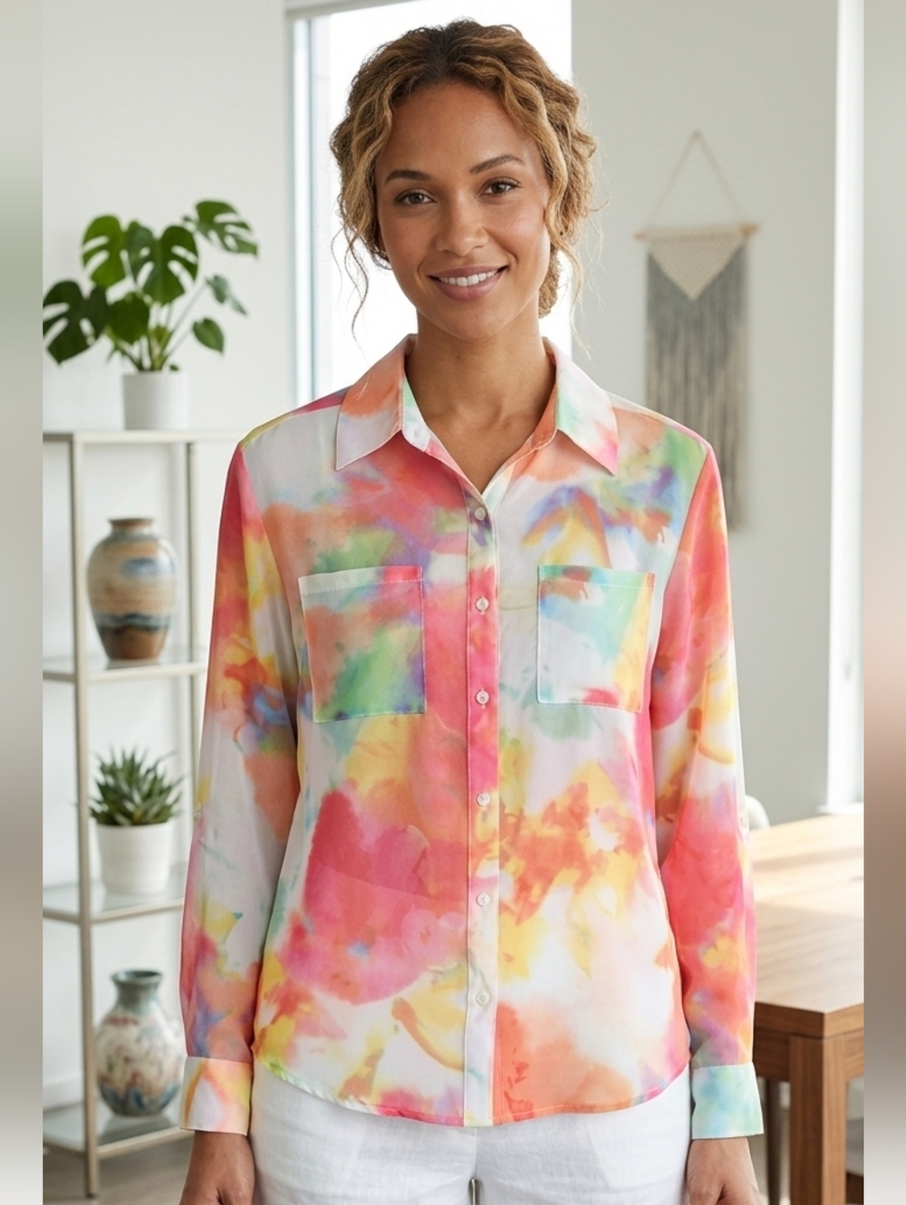 Stunning Art to Wear Pastel Sz L semi sheer button blouse adj sleeves